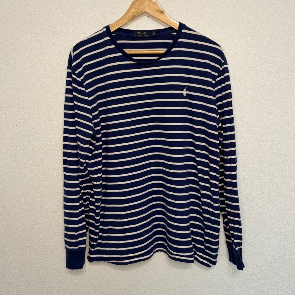 Polo Ralph Lauren Mens Large Blue White Striped Long Sleeve T-Shirt Pony Logo